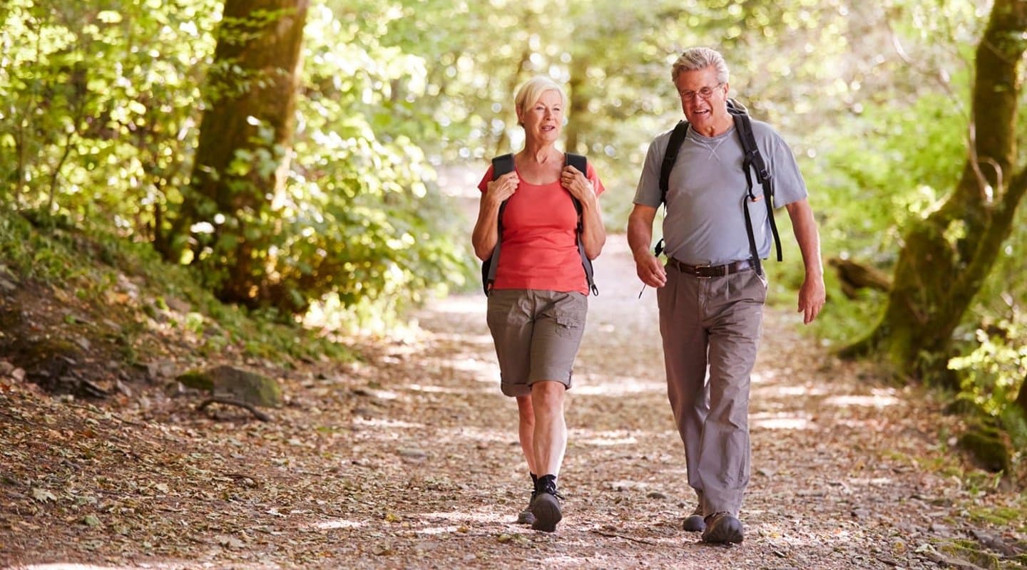 Senior Couple Hiking Along Woodland Path In Lake District UK Together