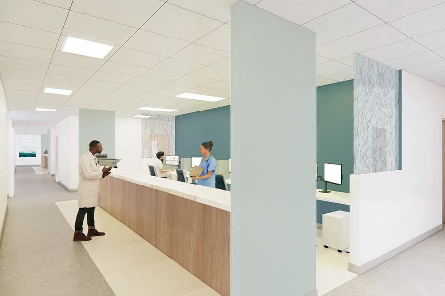 Rendering of the care team area where a nurse and providers are talking