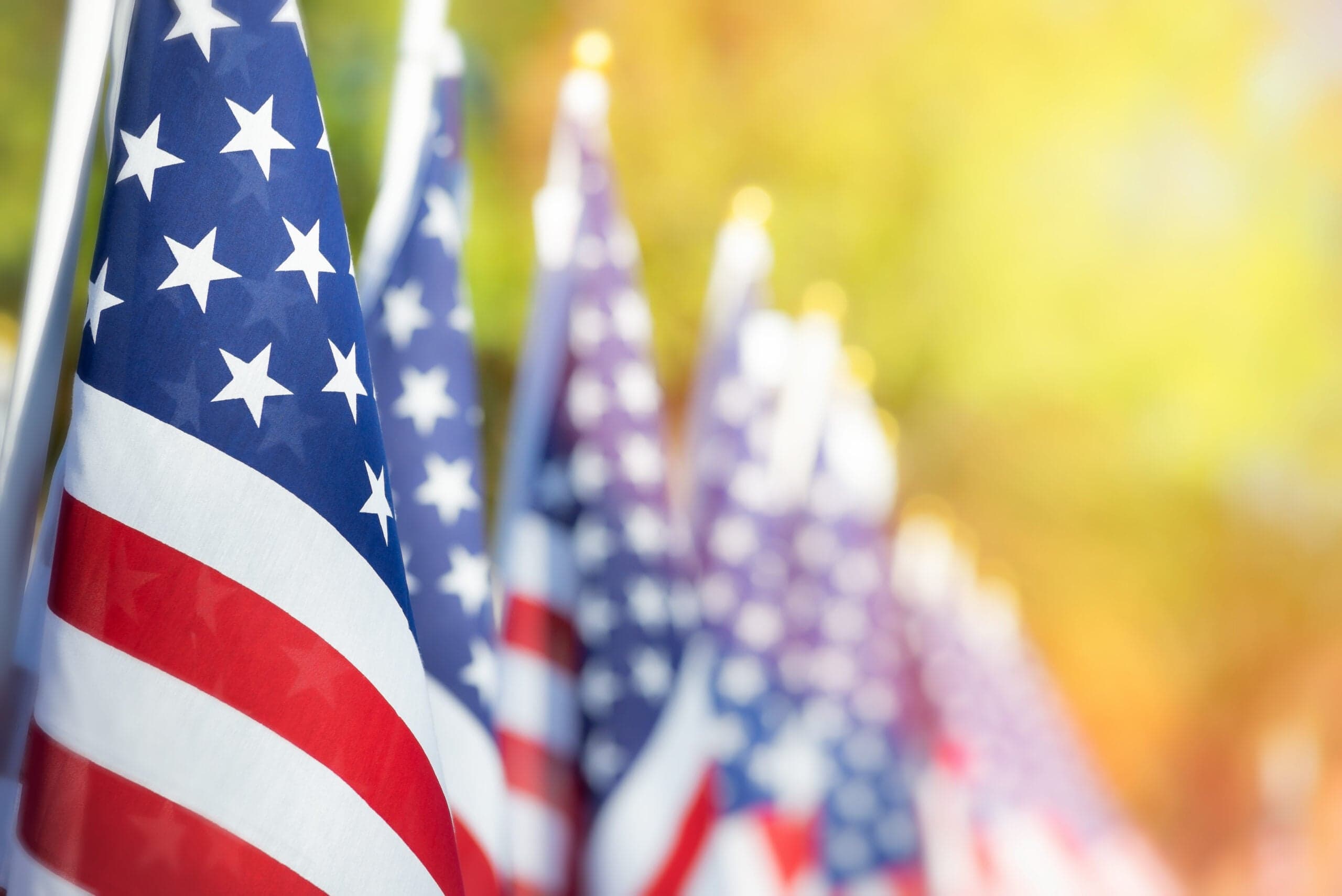 Closeup of an American flag in a row