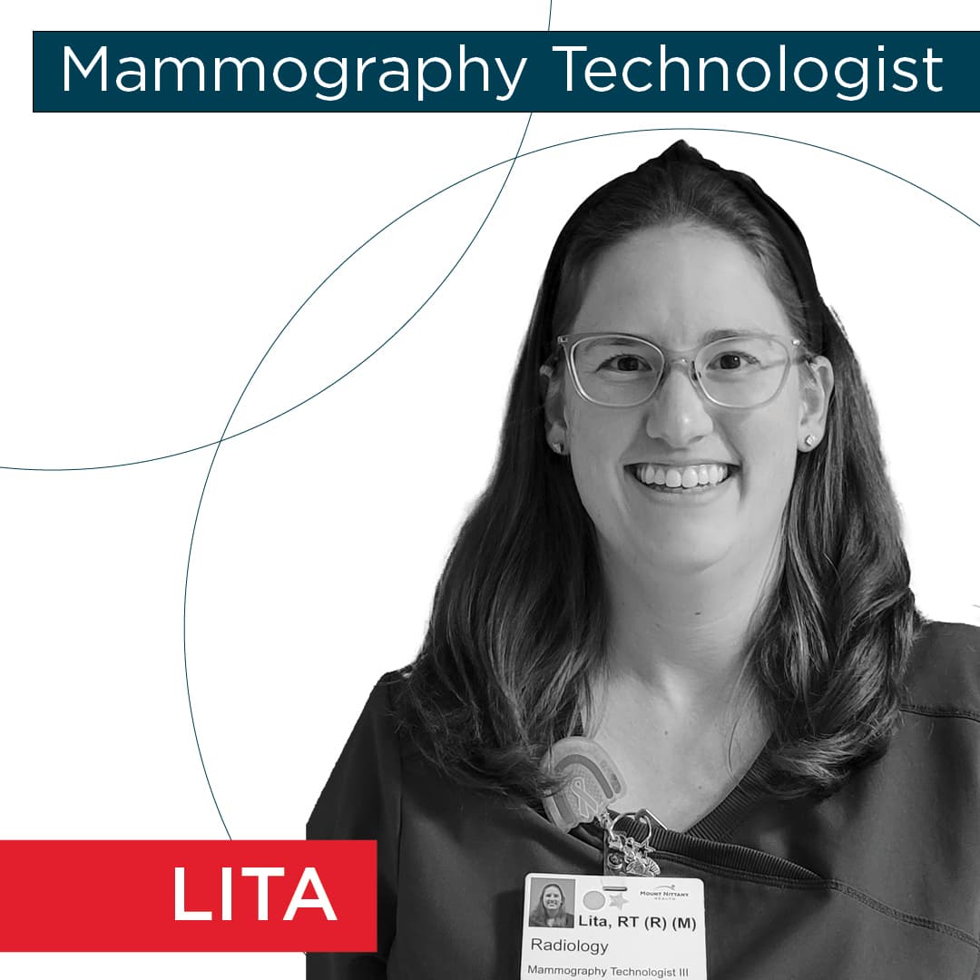 Lita, mammography technologist in black and white