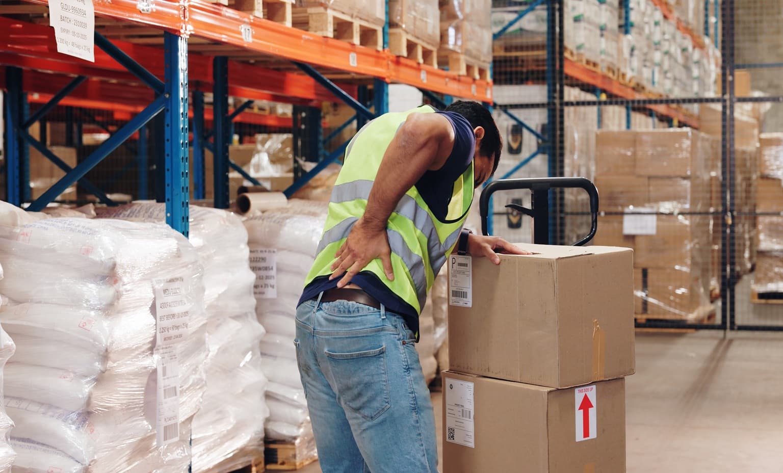Pallet truck, man and back pain in warehouse with transport