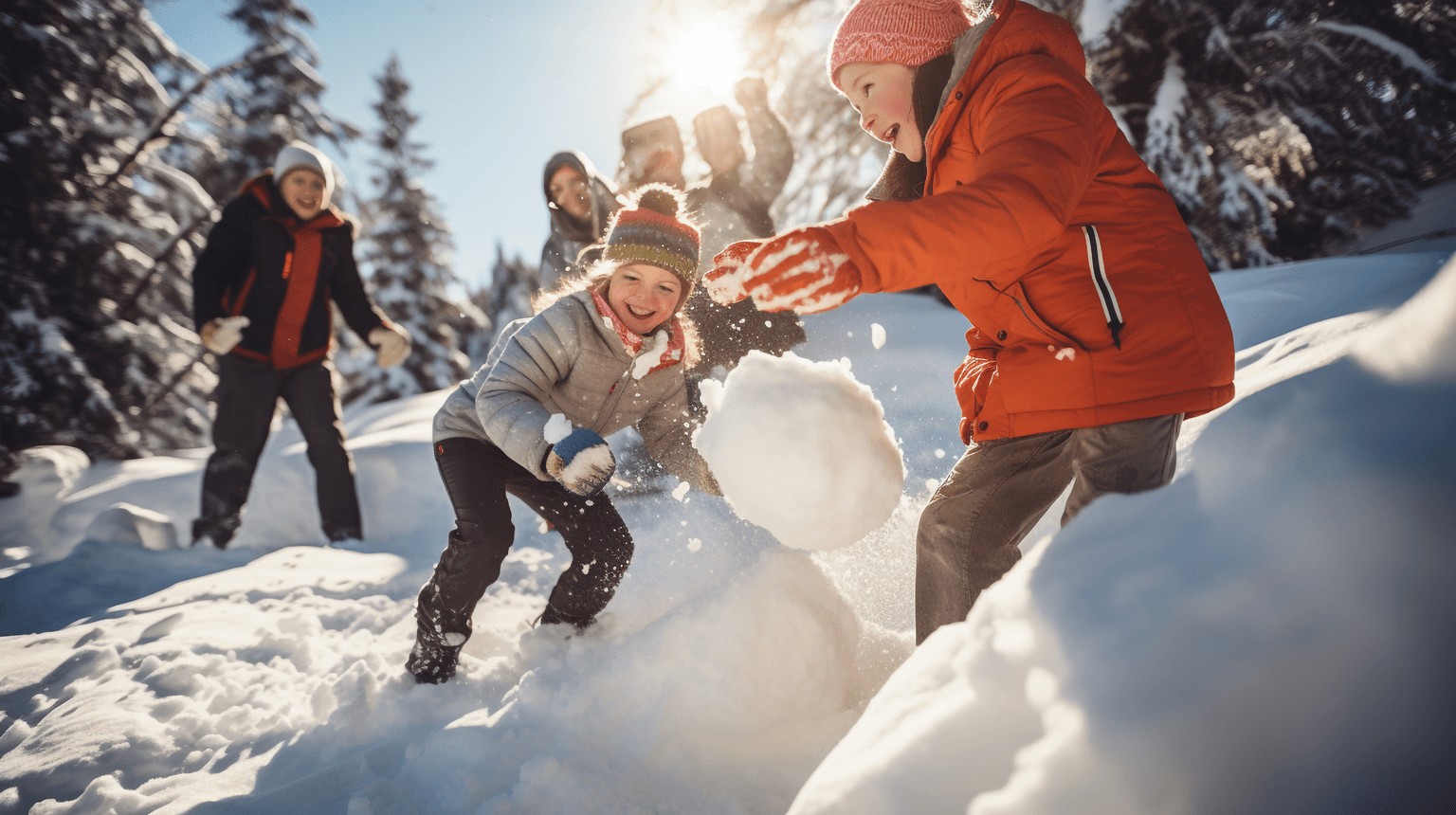 Group of children playing on snow in winter time