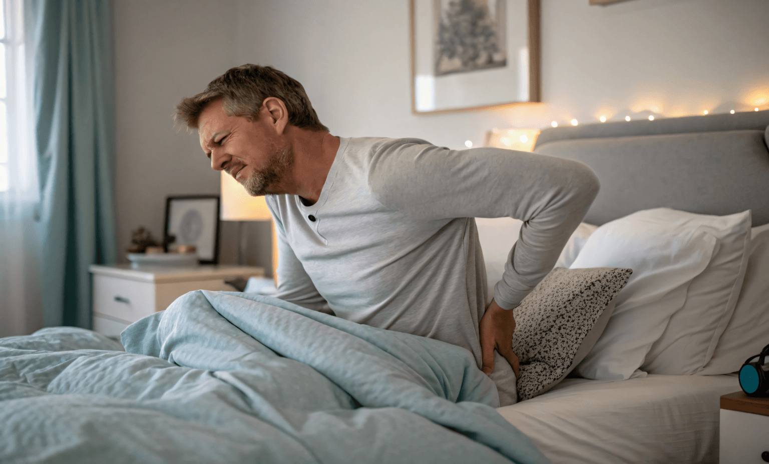 man with back pain in bed