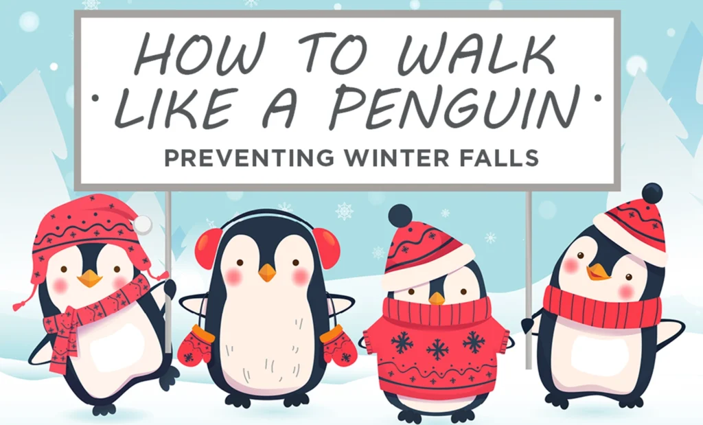 Illustrated penguins dressed in winter clothes hold a sign for the penguin walk