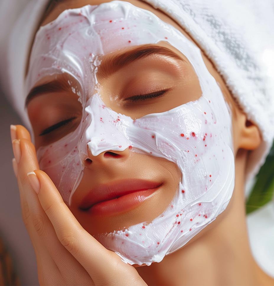 Women enjoys a summer berry skin treatment with her hair wrapped in a towel