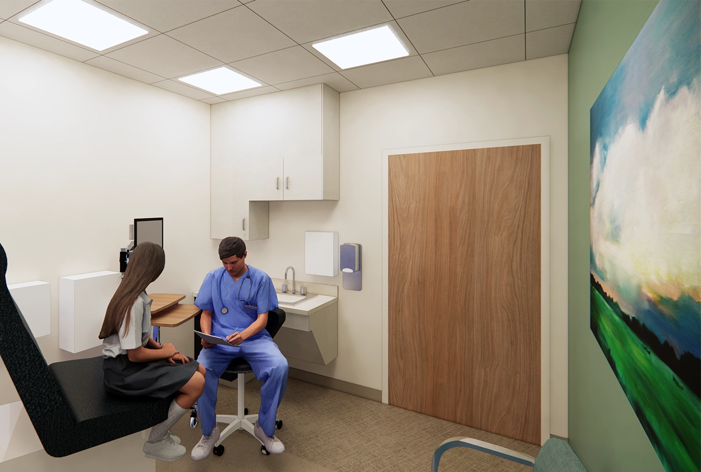 Rendering of an exam room where a provider speaks with a patient