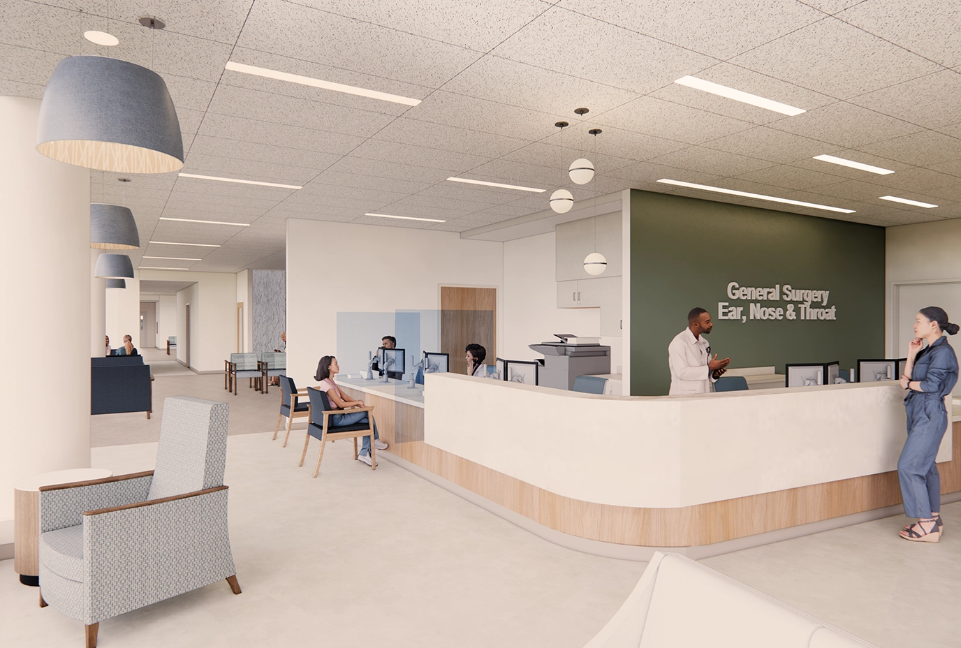 Rendering of the patient check in area and front desk