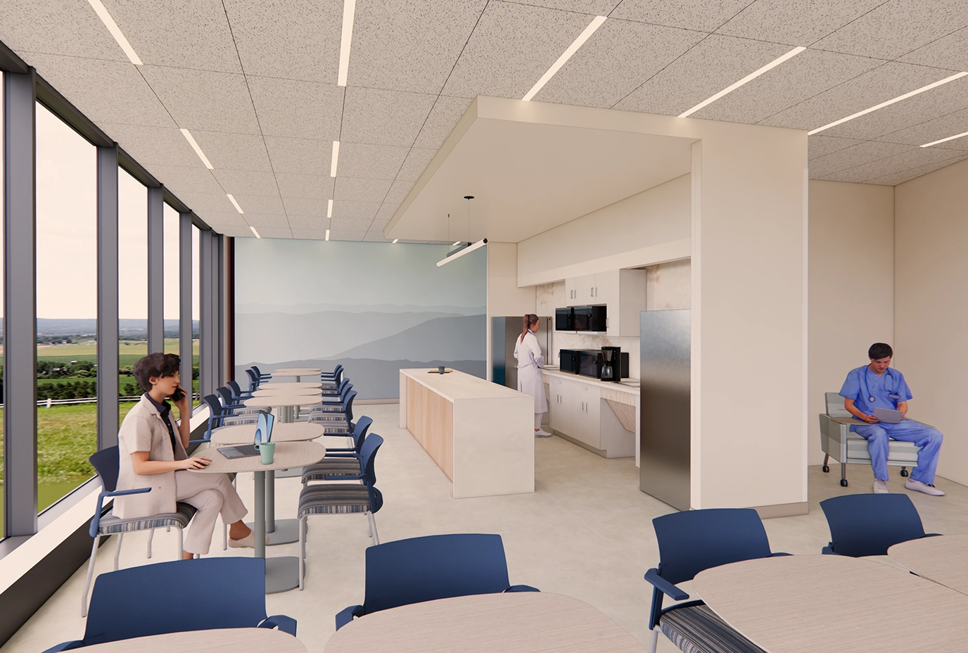 Rendering of the staff lounge at Mount Nittany Health Toftrees