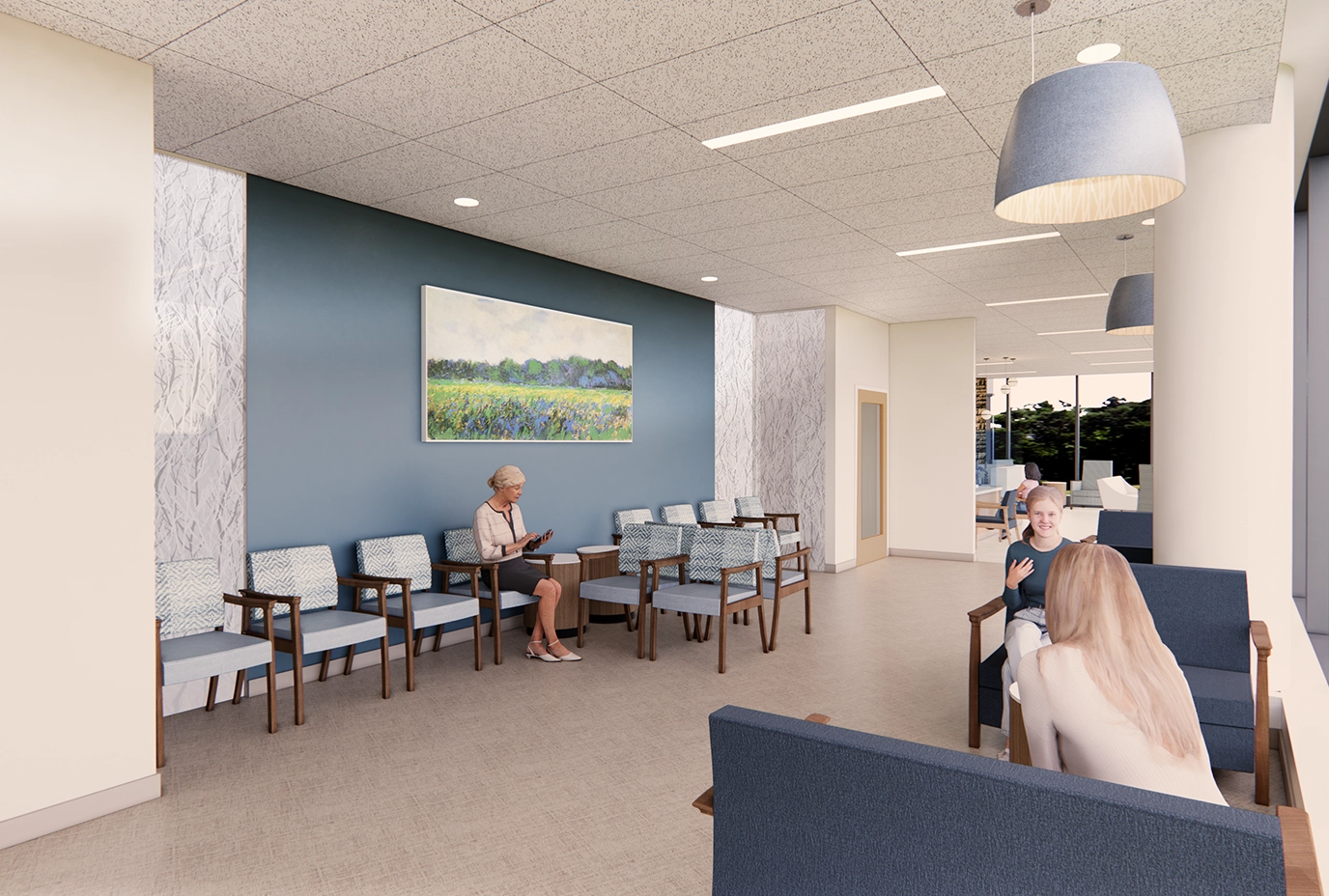Rendering of the waiting area with several chairs and people waiting