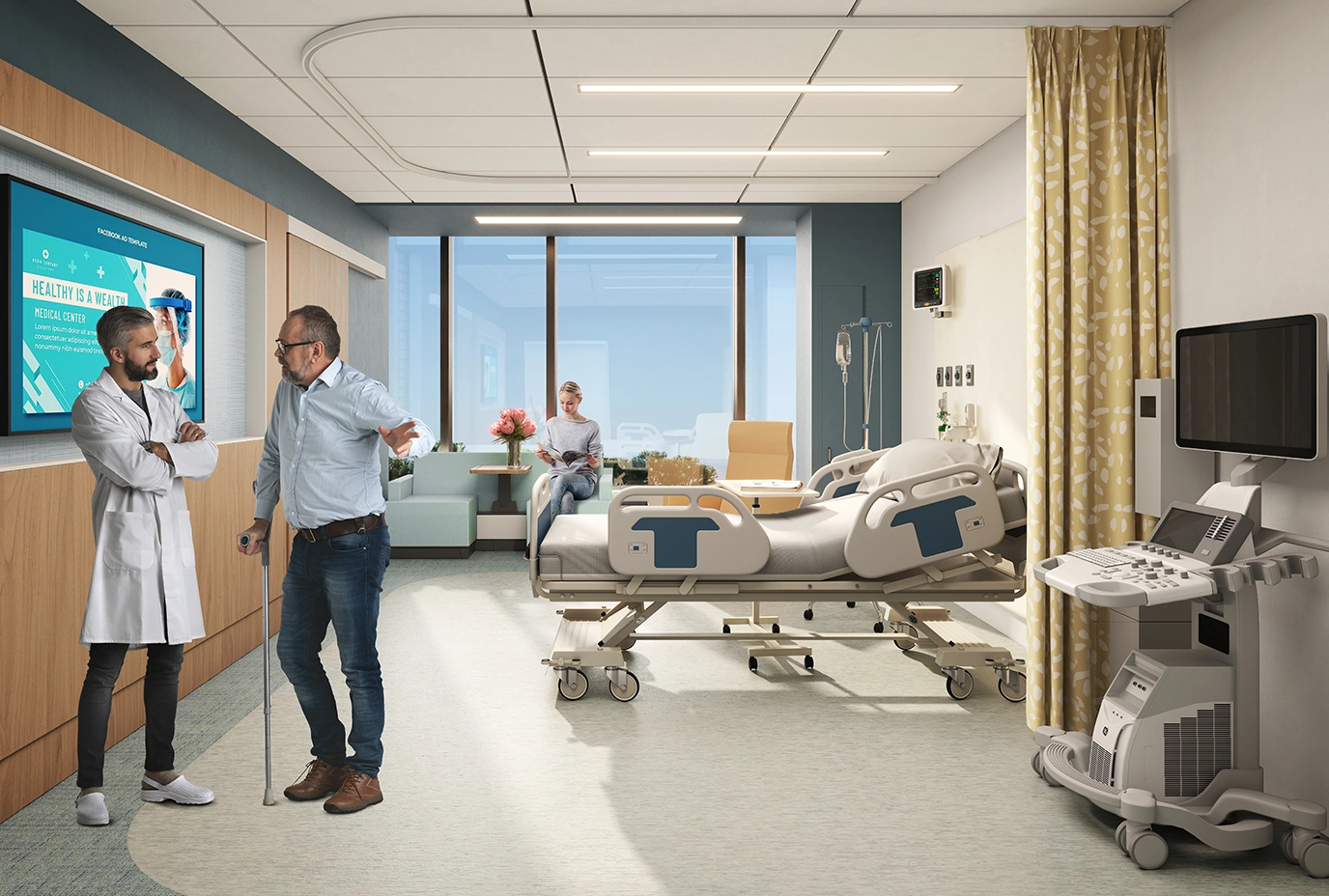 Rendering of new private patient rooms with a provider speaking to the family