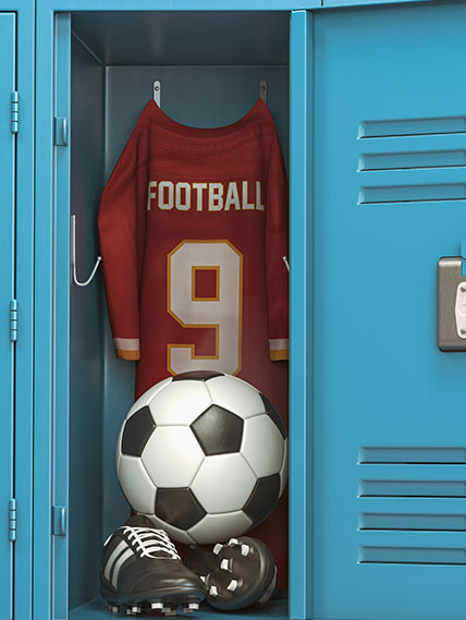 Inside of a blue school locker with a football jersey, soccer ball, and cleats