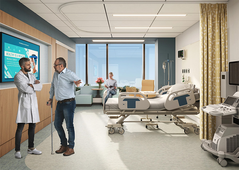 Rendering depicting the new private in patient rooms in the Mount Nittany Health Patient Tower