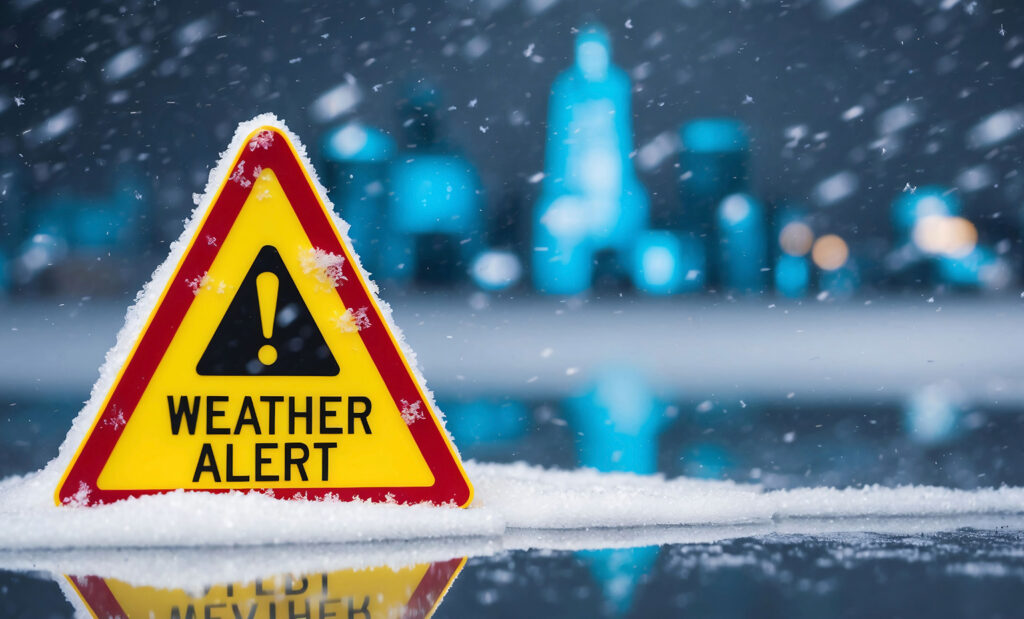 Sign about a weather alert in the snow