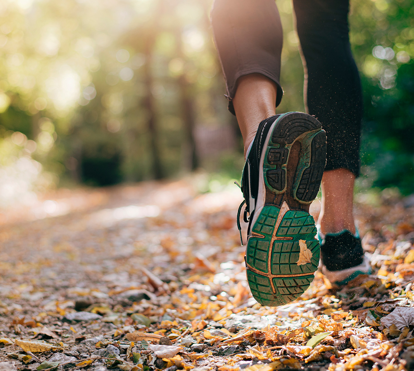closeup photo of a runner and their running shoe on a trail in the woods