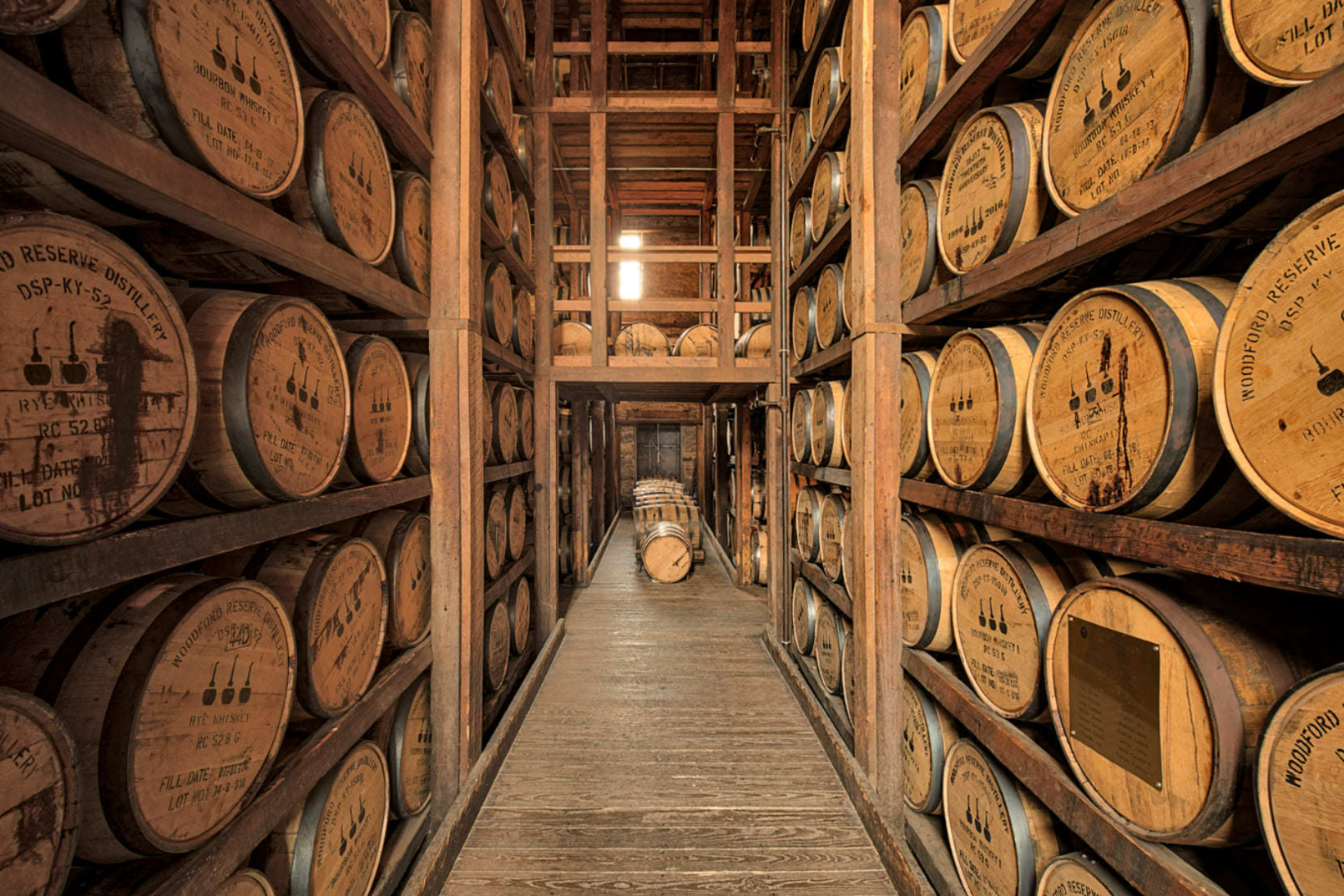 Bourbon barrels stacked on shelves