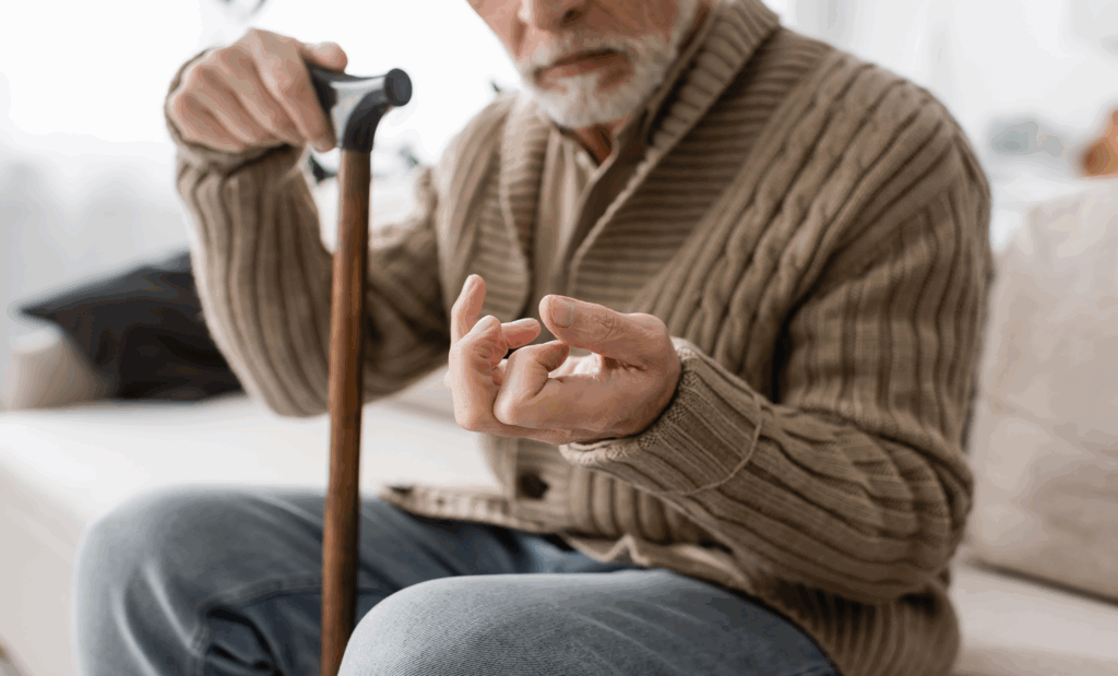 senior man with parkinson disease holding walking cane while sitting on couch