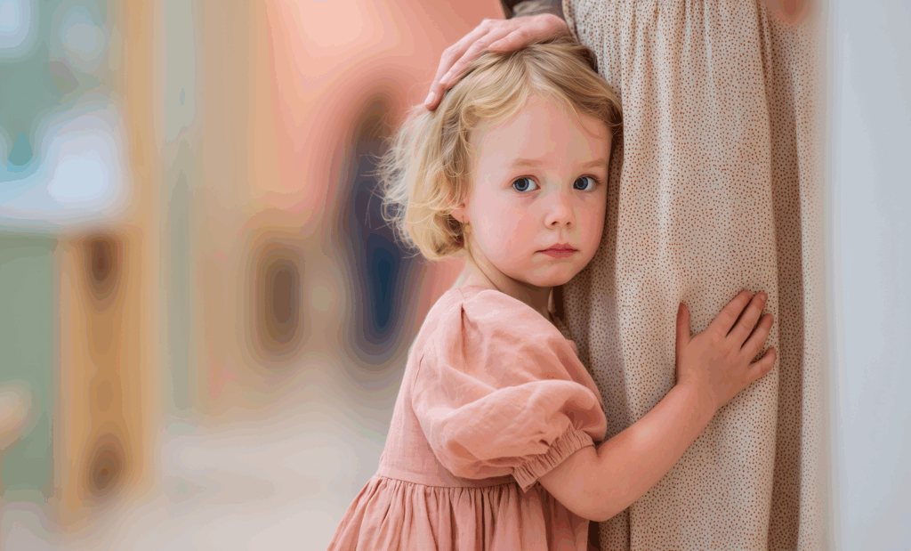 Toddler girl with separation anxiety clinging to mother
