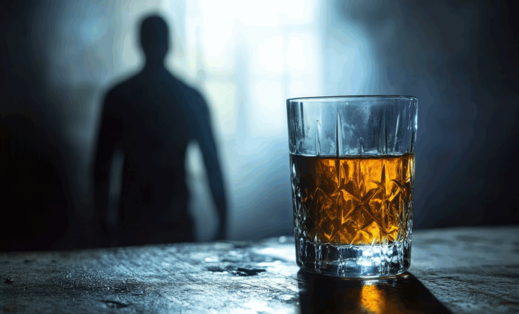 glass of alcohol and a blurred figure in a dark setting