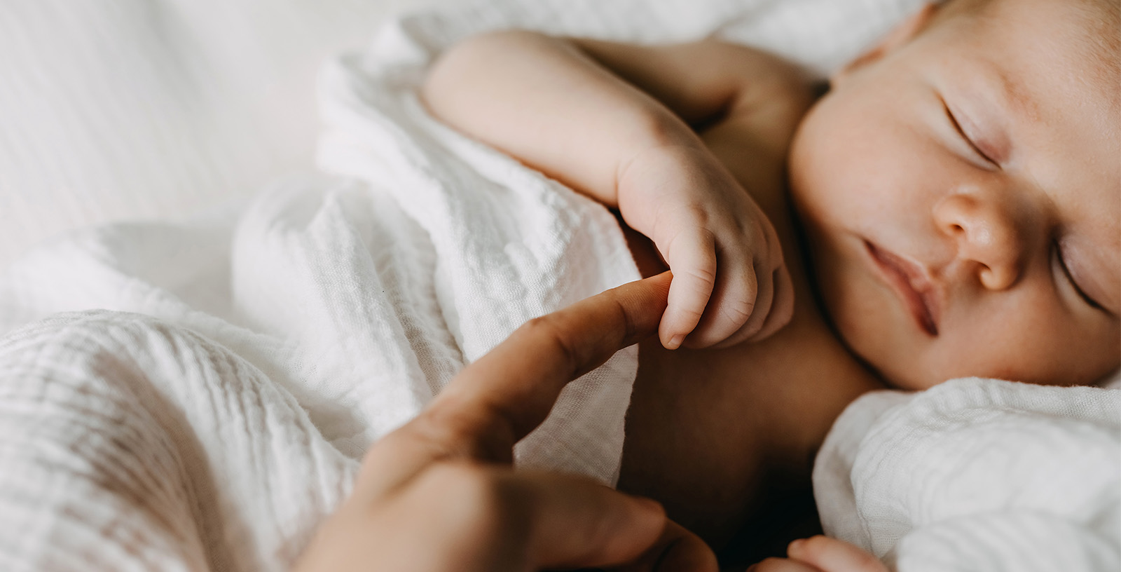 Newborn baby has hand wrapped around finger